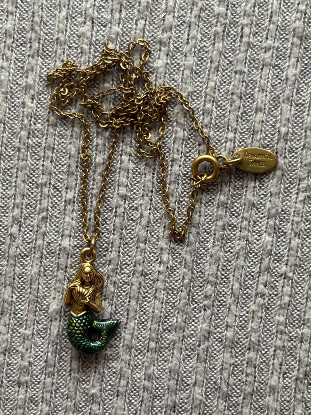 Vintage Ornamental Things signed gold tone green tail mermaid seashell necklace